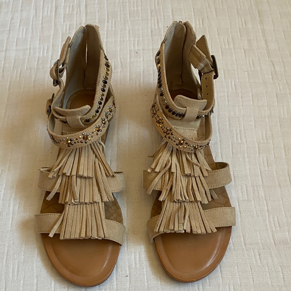 GIANNI BINI Tan Fringed Gladiator Sandals with Stud Accents